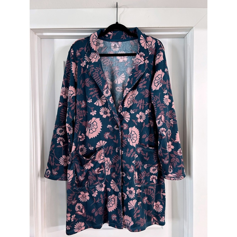 Cuddl Duds Womens Large Blue Floral Brushed Sweater Coatigan Jacket Pockets